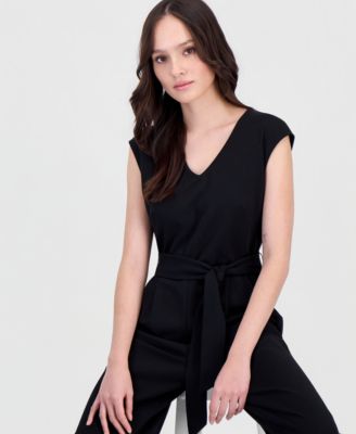 Petite Belted V-Neck Jumpsuit