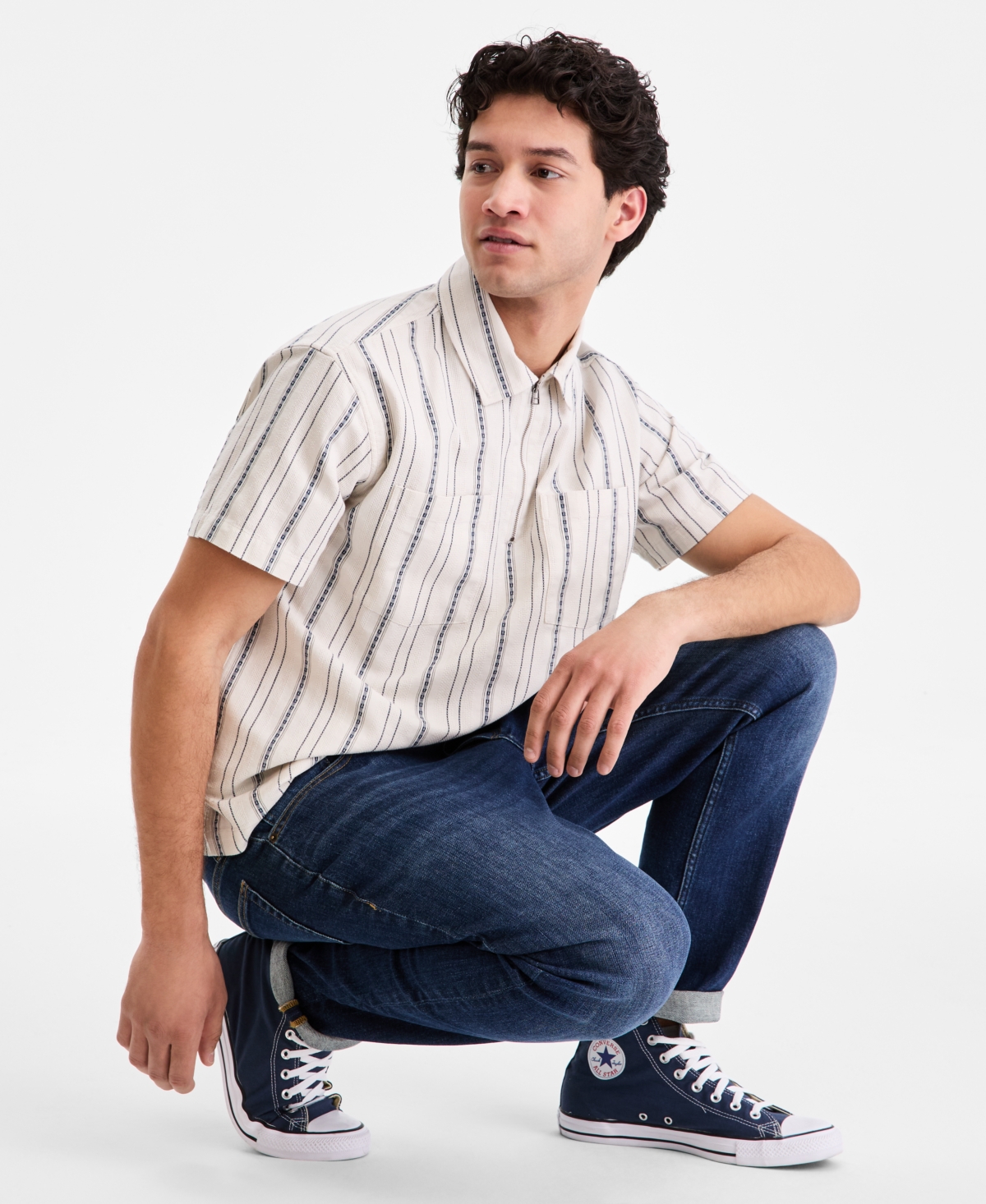 Sun + Stone Men's Cotton Anchor-Stripe Quarter-Zip Shirt, Macy's Exclusive