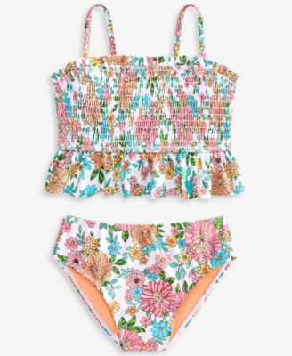 Girls' 7-16 Floral-Print Smocked Peplum Longline Swimsuit, 2-Piece Set