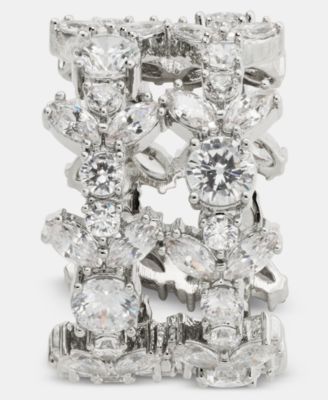 Silver-Tone Statement Drama Cubic Zirconia Two-Row Ring