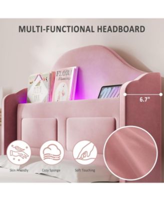 Twin Bed Frame for Kids, Velvet Platform, Wingback Headboard, LED & Storage Bookcase, Pink