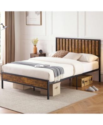 Full Bed Frame with Wood Headboard, Platform Metal Bed with 14 Heavy-Duty Steel Slats