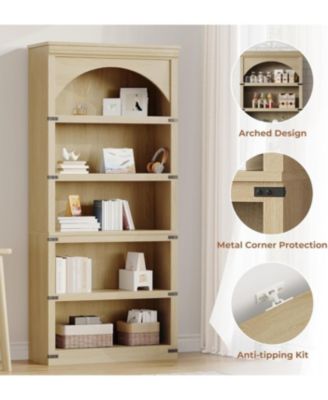 69Inch Farmhouse Arched Bookshelf, Tall Bookcase w/Arche Design, Wooden Arch Book Shelf with Wooden Base