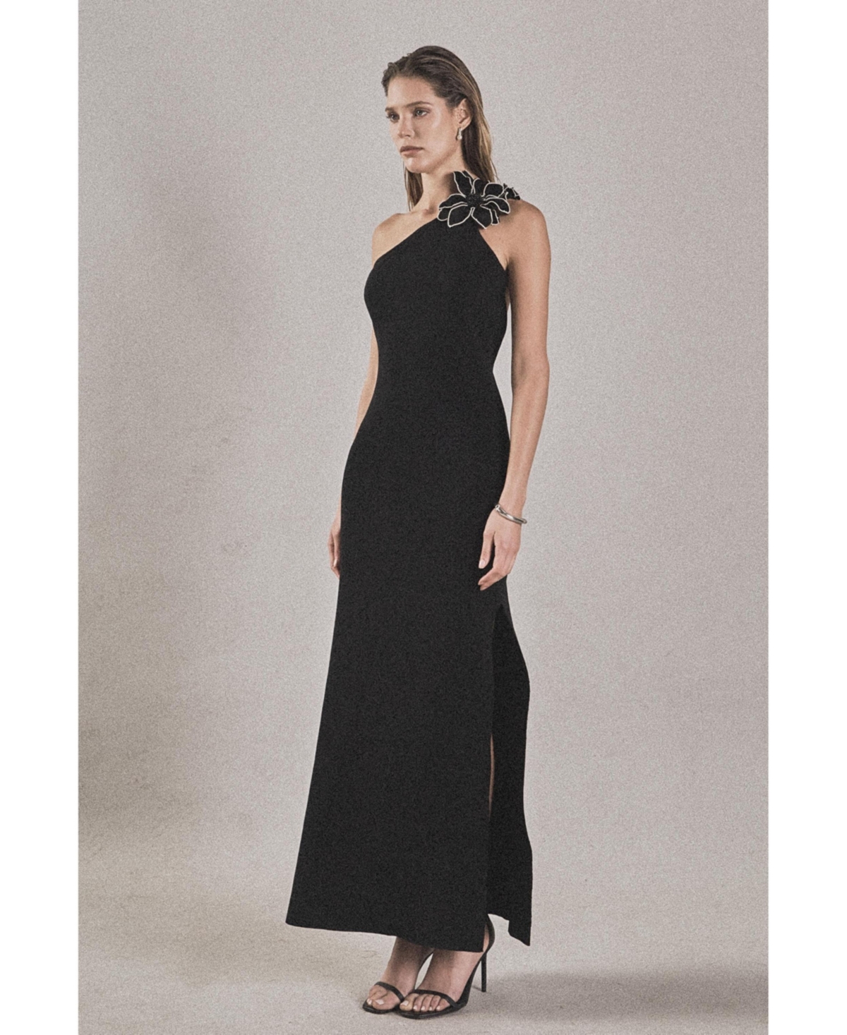 endless rose Women's Flower Detail One Shoulder Knit Maxi Dress