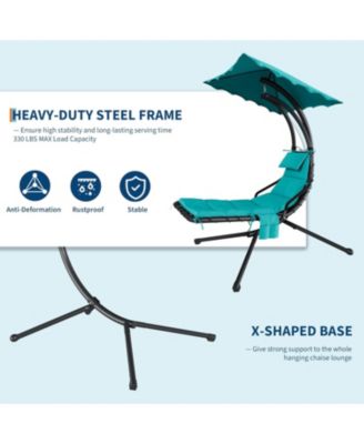 Chaise Lounger Swing Chair with Umbrella Canopy, Patio Hanging Lounge Chair with Stand, Curved Steel - Twin