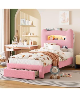 Upholstered Twin LED Platform Bed, 2-Tier Storage Headboard, Charging Ports, Drawer, Metal Support, Kids/Teens, No Box Spring