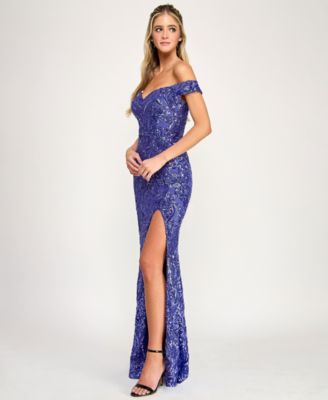 Juniors' Sequin Off-The-Shoulder Lace-Up Back Gown