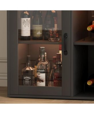 Wine Bar Cabinet with LED Lights & Power Outlets, Farmhouse Liquor Cabinet with Wine Rack & Glass Holder
