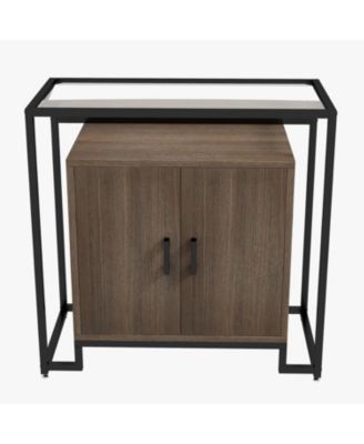 Rattan Nightstand with Tempered Glass Top, 2-Door Open Storage Cabinet with Steel Frame for Bedroom