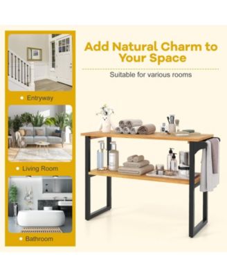 2-Tier Solid Teak Wood Bathroom Shelf with Towel Rack