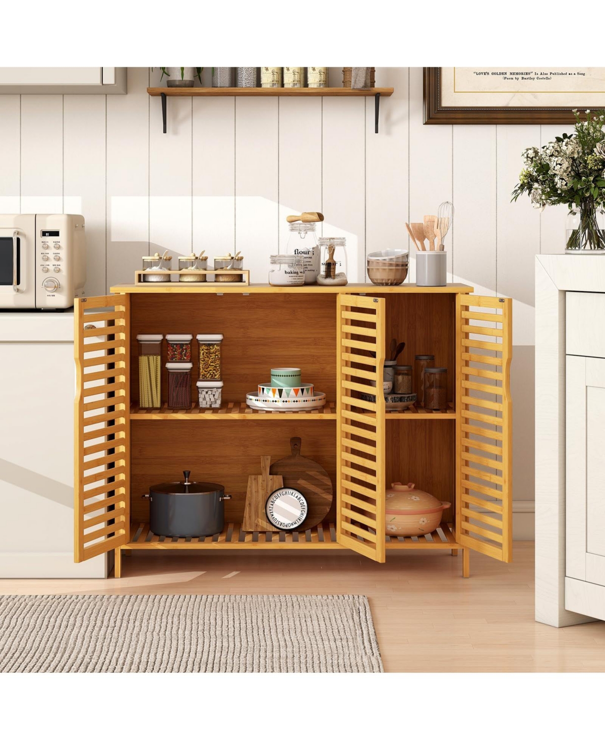 Volenca 3-Door Bamboo Bathroom Cabinet with Shelves, Freestanding Storage Organizer