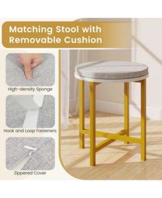 Vanity Desk and Cushioned Stool Set with Lighted Mirror and Lights, Makeup Table