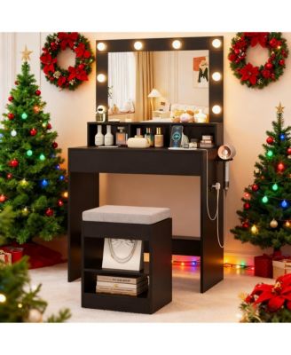 31.5" Vanity Desk with Lighted Mirror, 3 Lighting Modes, and Storage Shelves