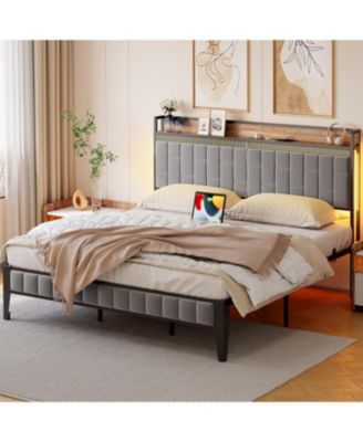 Full LED Upholstered Platform Bed Frame with Charging Station Grey