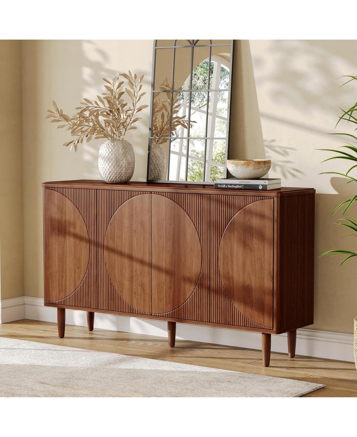 Tribesigns Modern Sideboard Buffet Table with Doors,59-Inch Buffet Cabinet Sideboard with Storage, for Living Room, Dining Room (Walnut) - Walnut brow