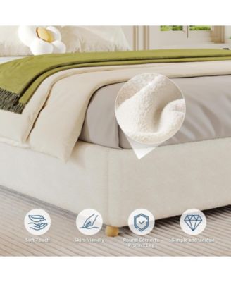 Full Cloud Bed Frame, Corduroy Upholstered, Low Platform with Wood Legs, No Box Spring, Beige