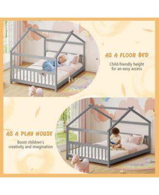 Montessori Full Size Floor Bed with House Frame and Headboard