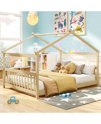 Montessori Full Size Floor Bed with House Frame and Headboard