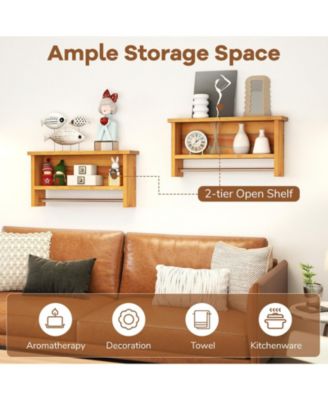 Wall-Mount 2-Tier Solid Teak Wood Bathroom Shelf with Towel Bar