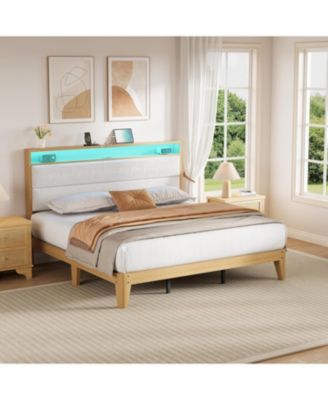King White Boucle Upholstered Bed Frame with LED Lighting & USB Ports, 2-Tier Storage, Easy Assembly