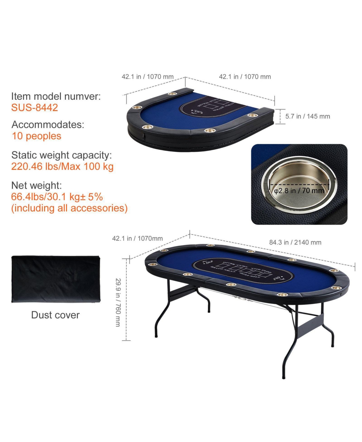 Sugift 10-Player Foldable Poker Table 84" Oval with Cup Holders and Padding