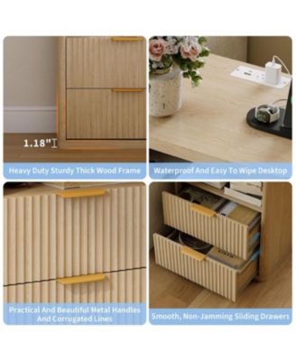 Set of 2 Natural Fluted Nightstands, 2-Drawer Bedside Table with Built-in Charging Station & Open Storage