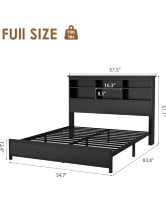 Full Size Bed Frame with Bookcase Headboard, 2-Tier Storage Platform, USB Charging Station, No Box Spring, Easy Assembly