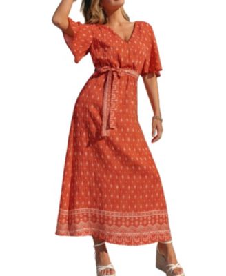 Women's Bohemian Printed Maxi Dress with Belt