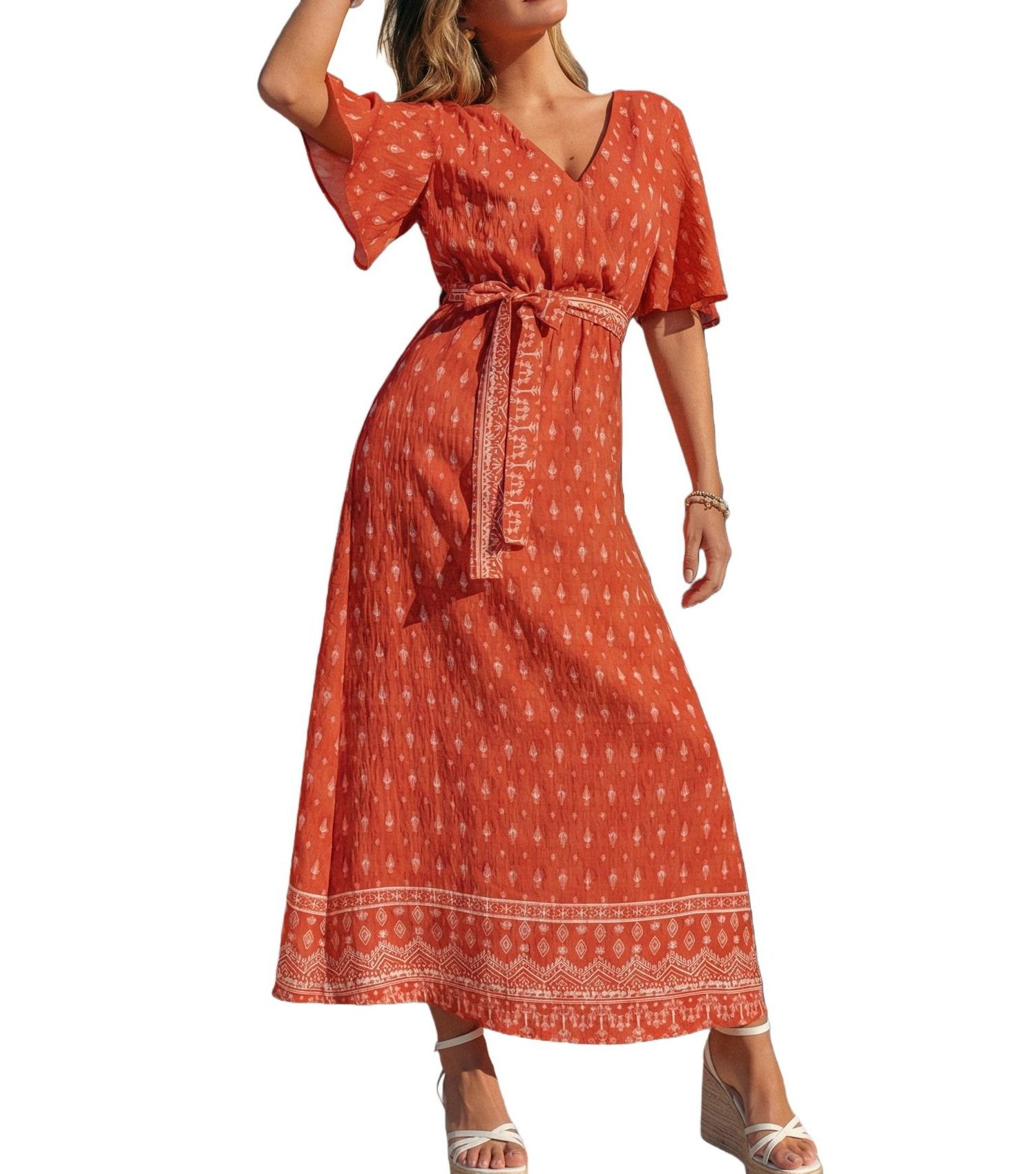 Women's Bohemian Printed Maxi Dress with Belt