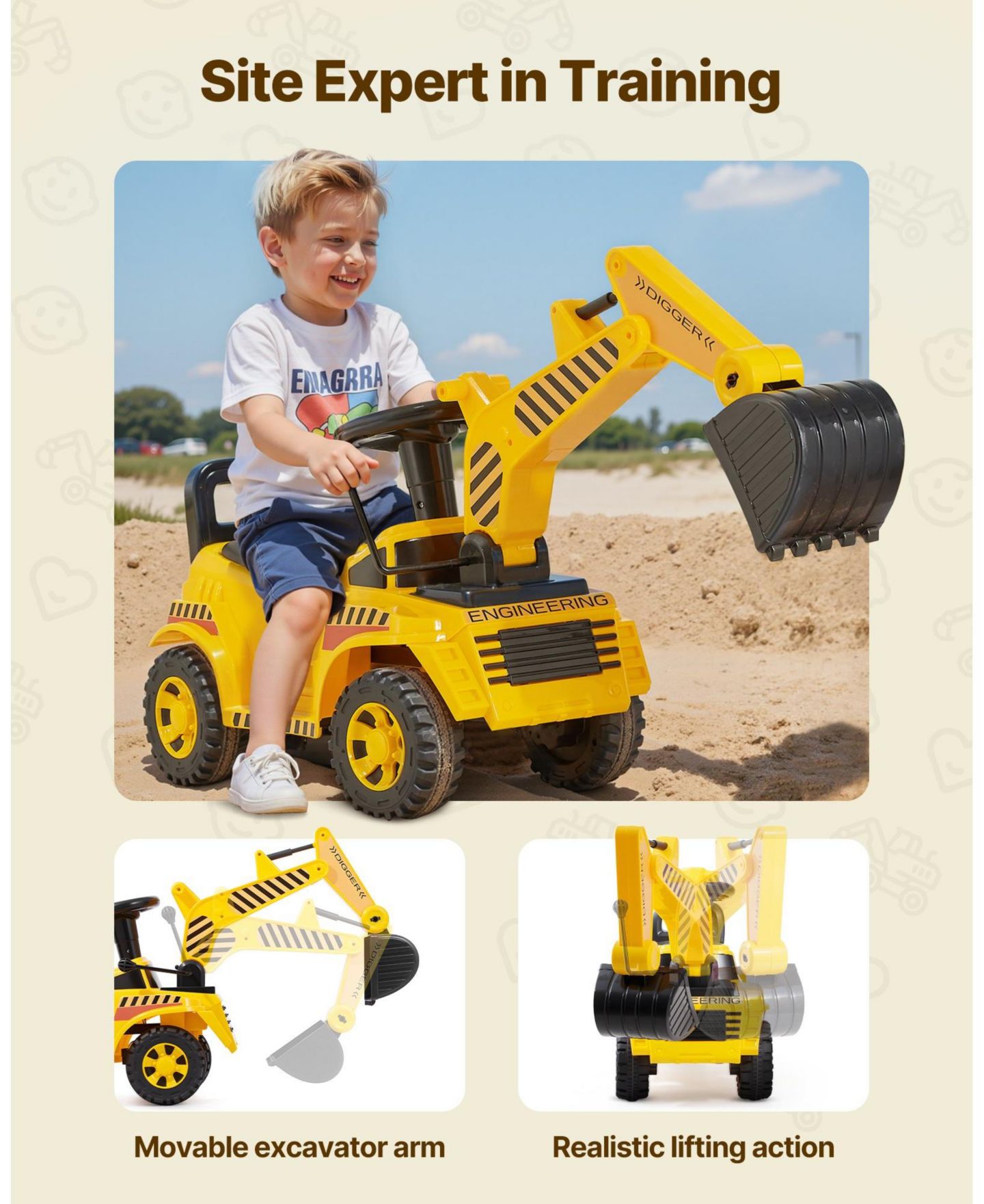 Детская игрушка SUGIFT Excavator Ride-On Push Car with Functional Digger Arm, Realistic Sounds & Music, Ages 2+, цвет: Жёлтый — фото 8