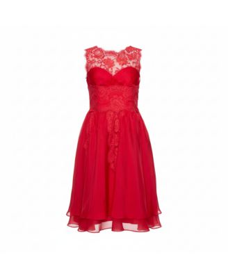 Women's Red Silk Organza Lace Trim Flared Dress