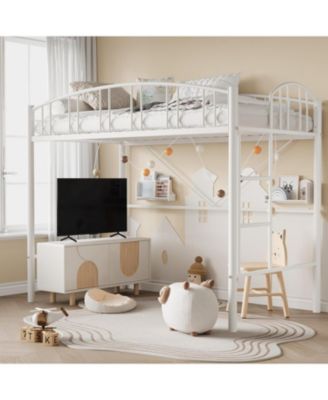 Twin Metal Loft Bed Steel Frame, Arched Guardrails, Ladder, Space-Saving