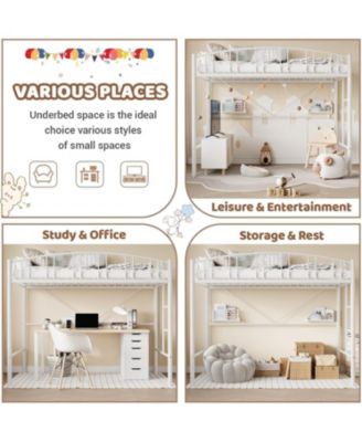 Twin Metal Loft Bed Steel Frame, Arched Guardrails, Ladder, Space-Saving