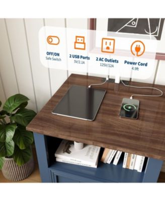 Set of 2 18 Inch Blue Fluted Wood Nightstands, Bedside End Table with USB Charging Station