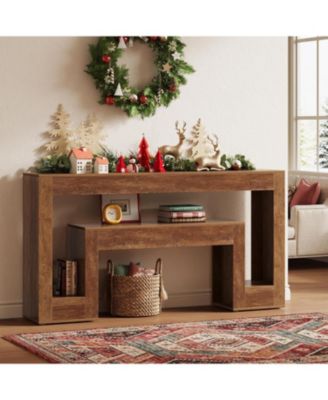 63-Inch Long Console Table with 2-Tier Shelf,Wood Farmhouse Sofa Table Behind The Couch,Narrow Sofa Table, Rustic Brown
