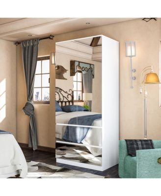 Wardrobe Closet with All Mirror, Armoire with 2 Doors, 2 Drawers & Hanging Rod, For Bedroom