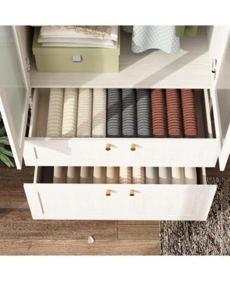 Wardrobe Closet with 2 Glass Doors & 2 Drawers, Wardrobe Closet Armoire with Hanging Rod