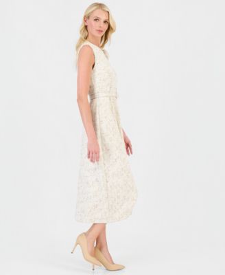 Women's Tweed Rosette Belted Midi Dress