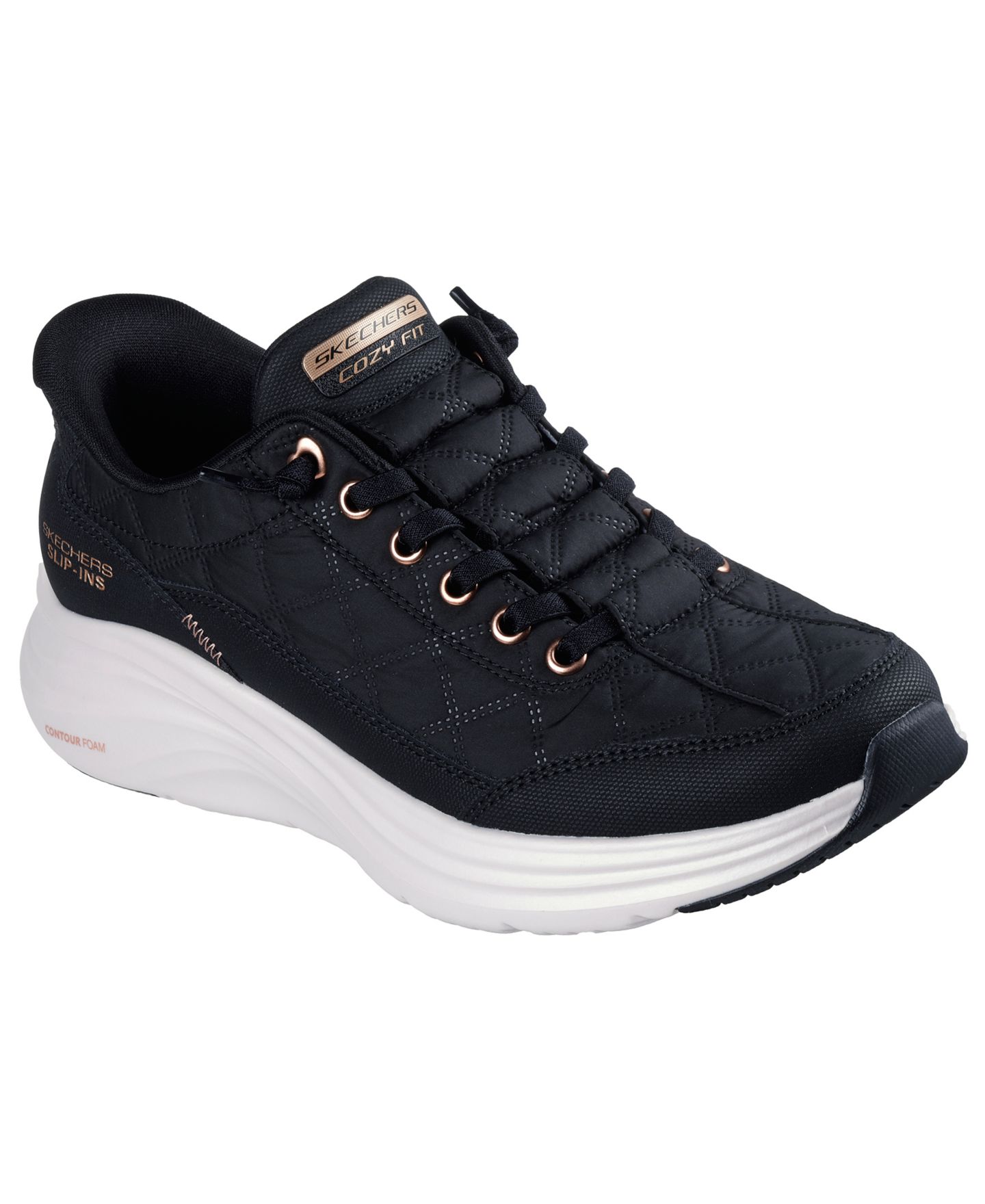 Женские кроссовки Skechers Slip-Ins: Contour Foam - Cozy Fit Golden Hour Walking, цвет: Чёрный / Золотой — фото 1