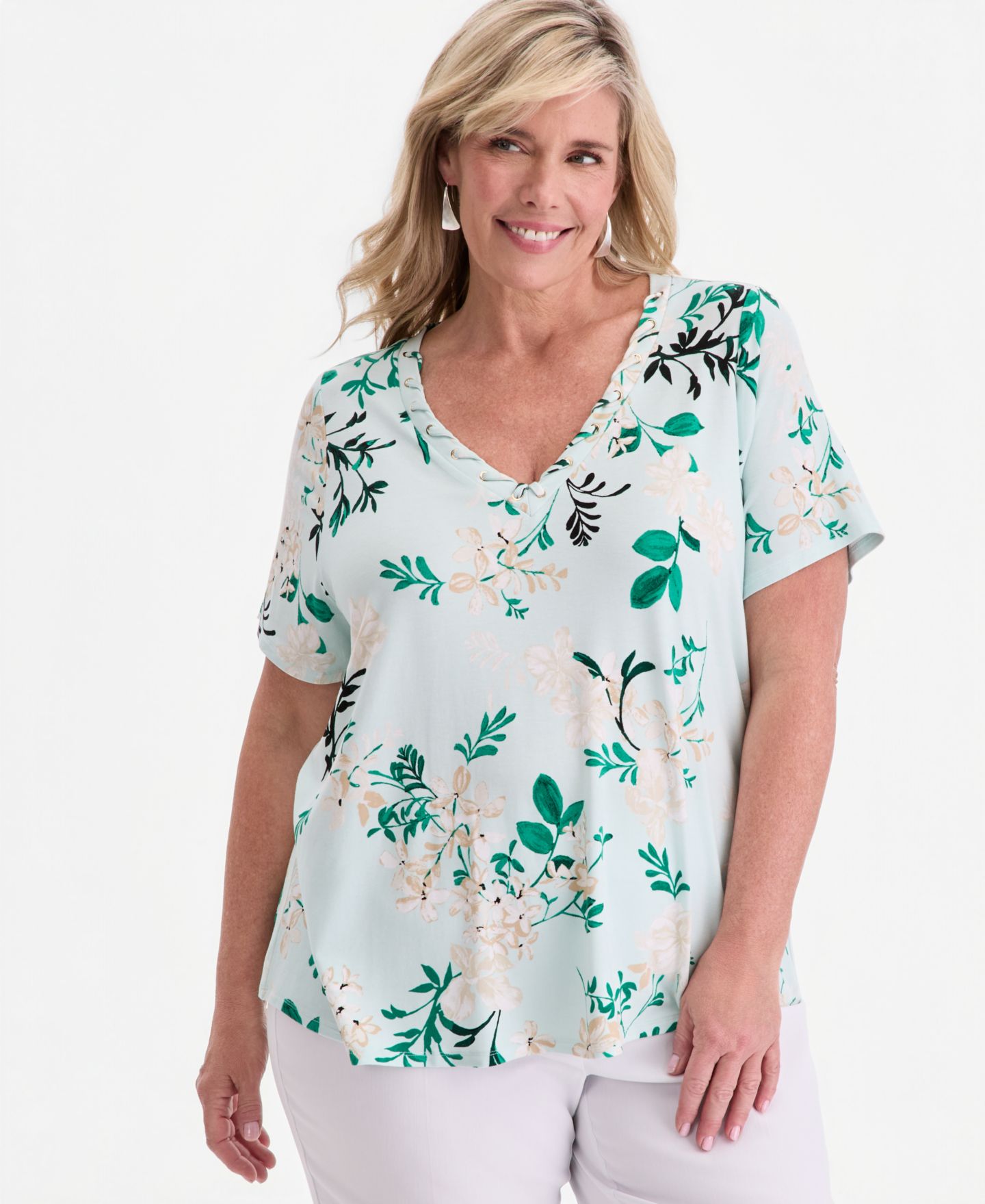Женский топ JM Collection Printed Grommet Knit V-neck Top, цвет: Ледяной — фото 2