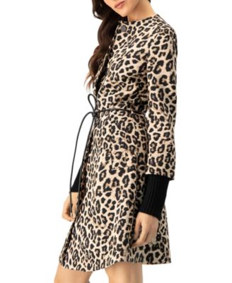 Women's Ribbed-Cuff Long Animal Print Coat