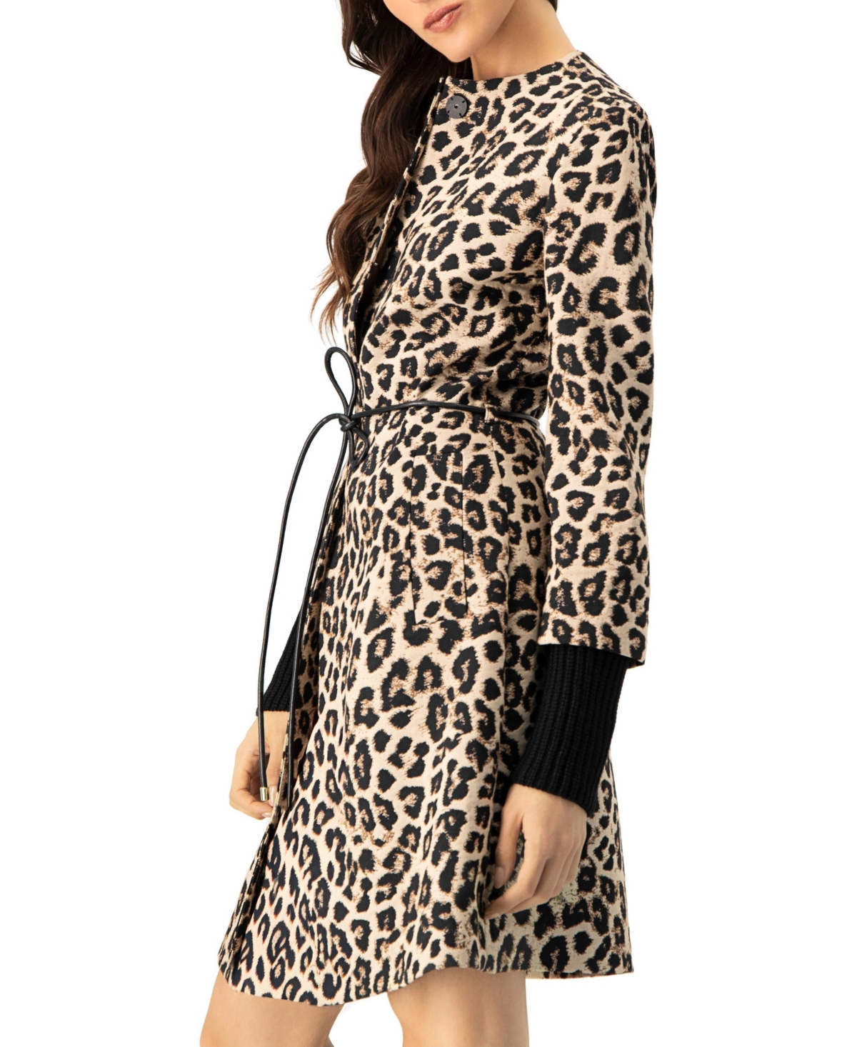 Ivonne Women's Ribbed-Cuff Long Animal Print Coat