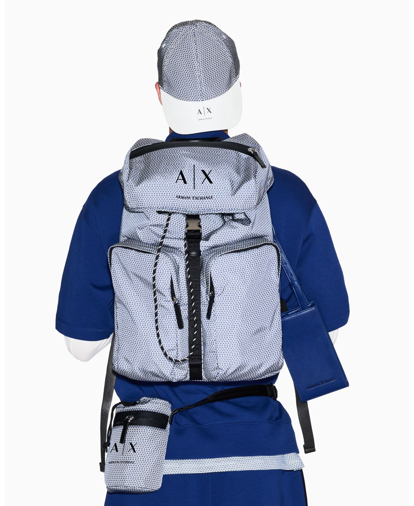 Мужская кепка A|X Armani Exchange Nylon Allover Print Logo, цвет: Синий белый — фото 2
