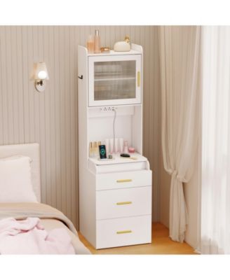 Makeup Vanity with Power Outlets and Flip-Top Mirror, Storage Stool Included