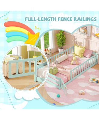 Twin Size Kids Wood Montessori Floor Bed with Door and Fence - 42