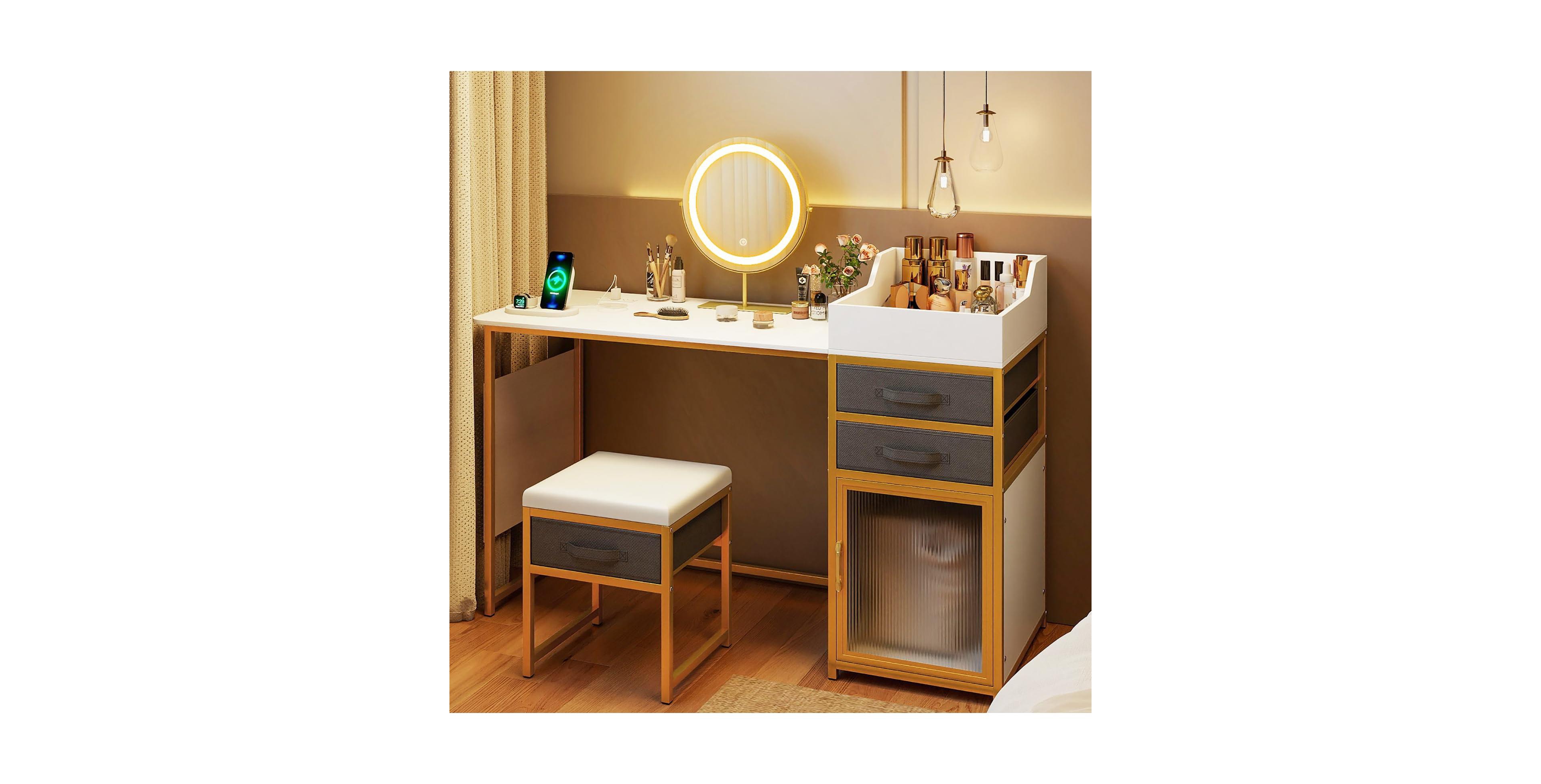 Volenca 55" Makeup Vanity Desk with Rotatable Lighted Mirror, Storage Dressing Table