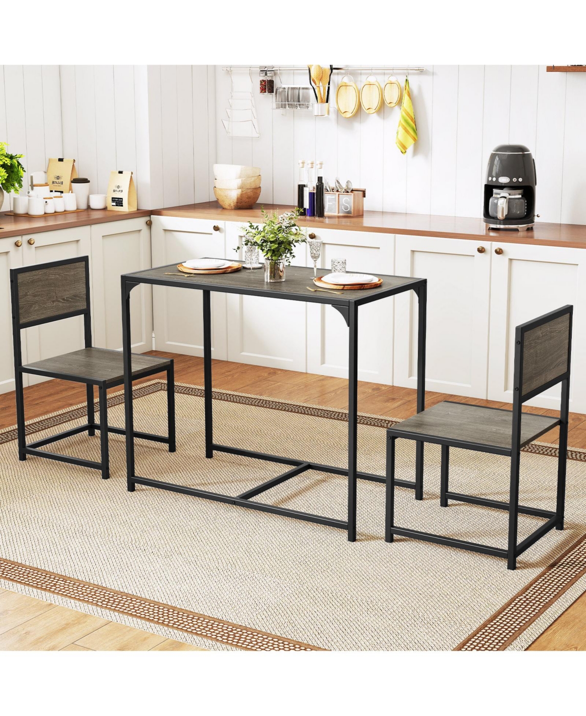 Slickblue 3 Pcs Dining Set Compact Table and 2 Chair with Metal Frame for for Small Space