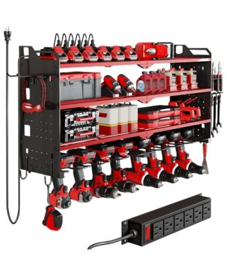 Hausource 32" Wall Mount Tool Organizer 4 Layers Garage Storage Racks with 8 Drill Holders, Power Adapter for Home Organization