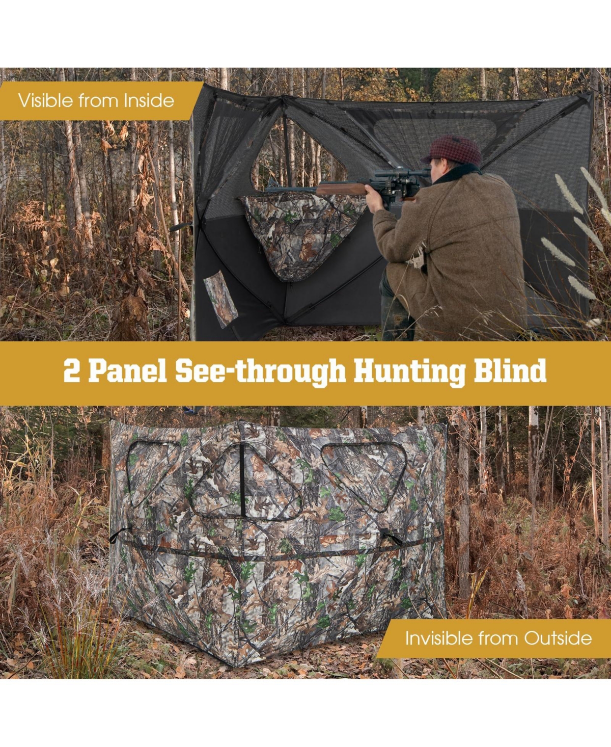 Mecale Pop-Up 2-Panel Ground Blind Fence with 3 Shoot-Through Ports, Hunting Screen