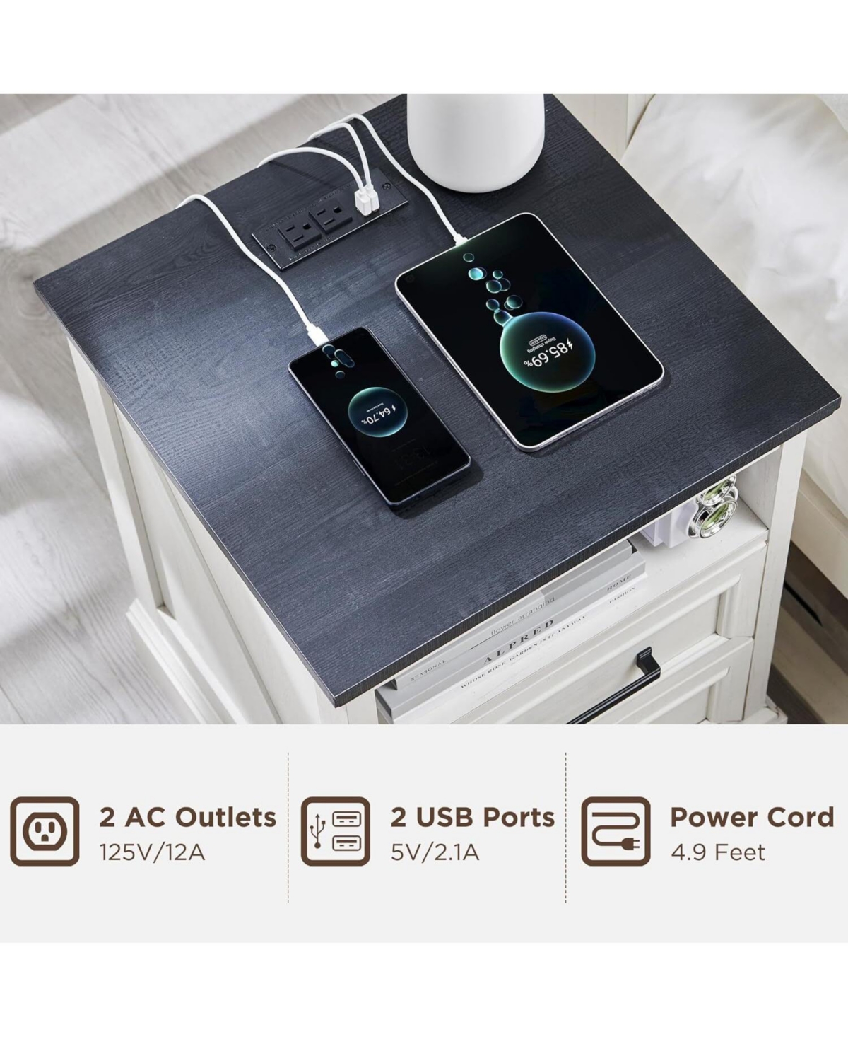 Gaomon 18 Inch White Farmhouse Nightstand, 2-Drawer End Table with Usb Charging Station Bedside Cabinet